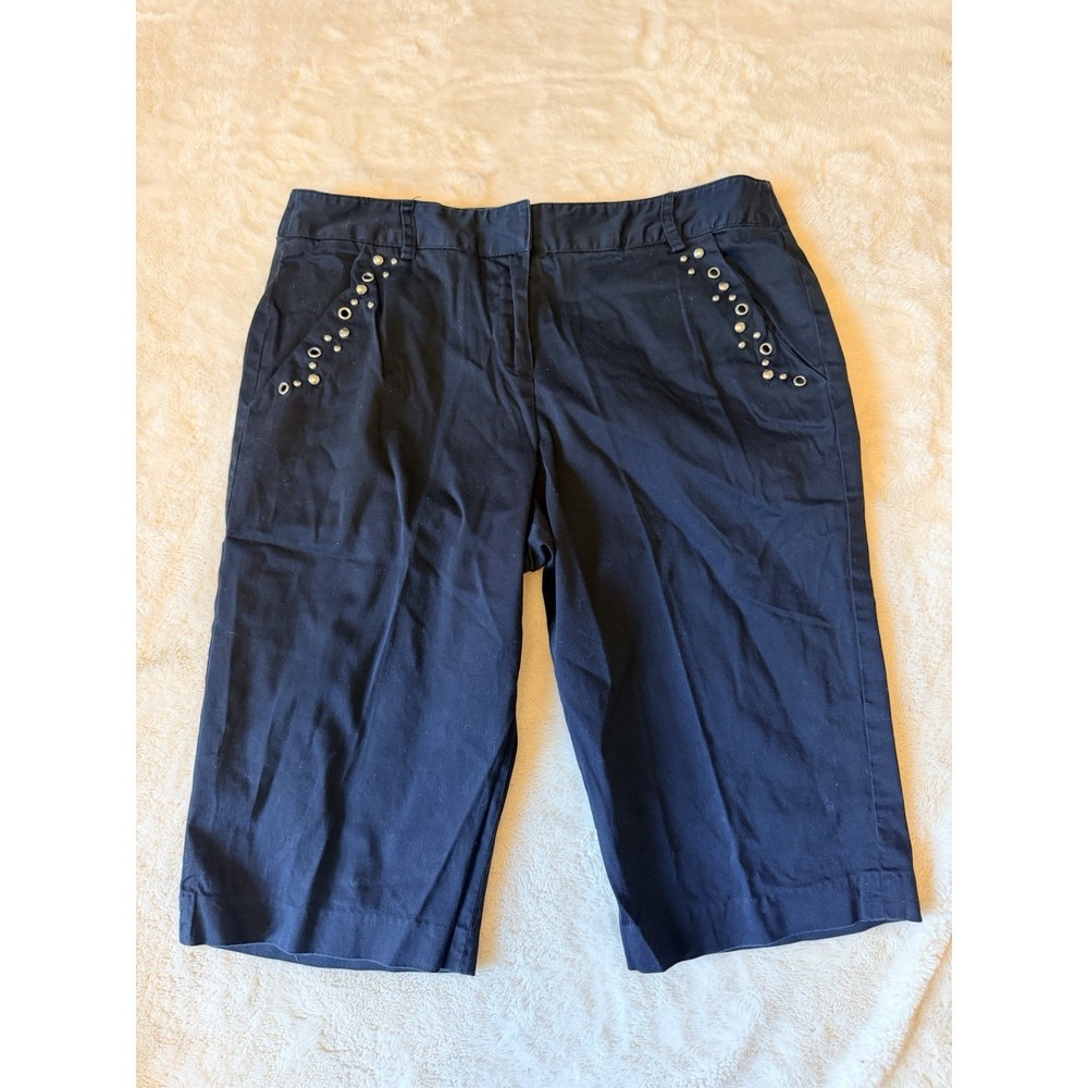 Larry Levine Womens Navy Blue Studded Bermuda Shorts Size 14 Stretch Cotton